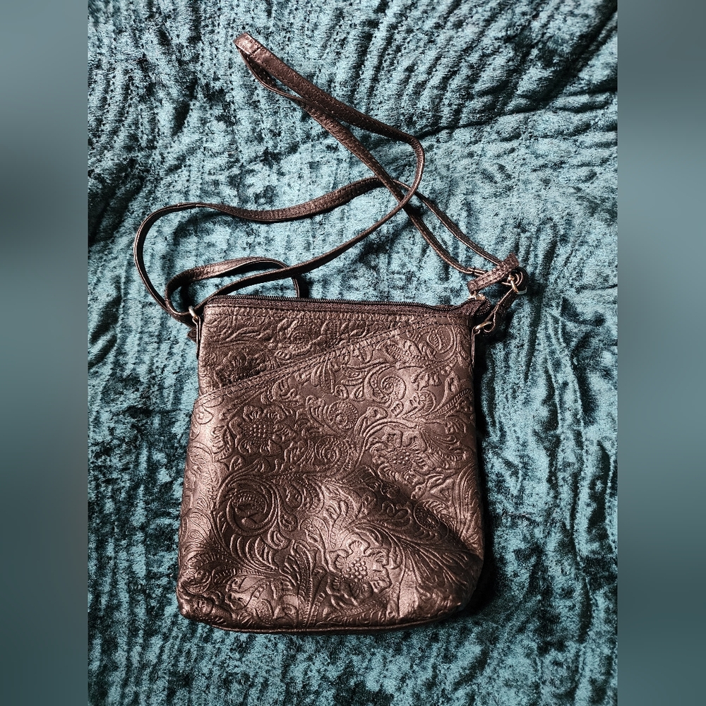 Genuine Leather Embossed Floral Crossbody Bag - Black